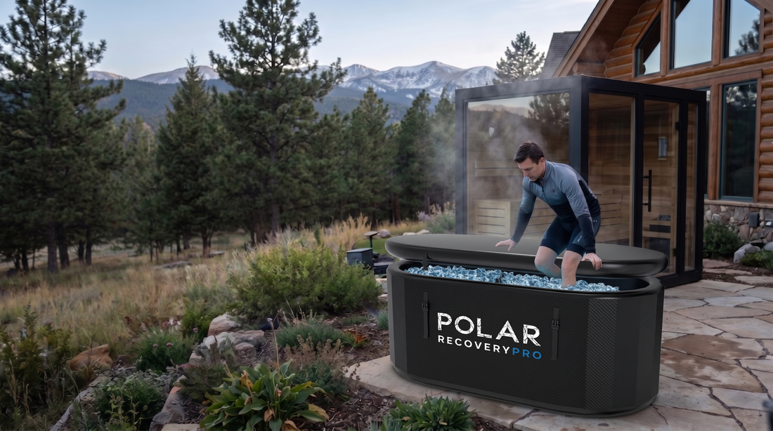 Man entering outdoor ice bath