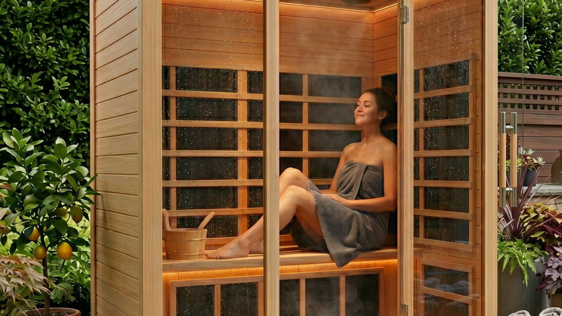 Woman relaxing in outdoor wooden sauna