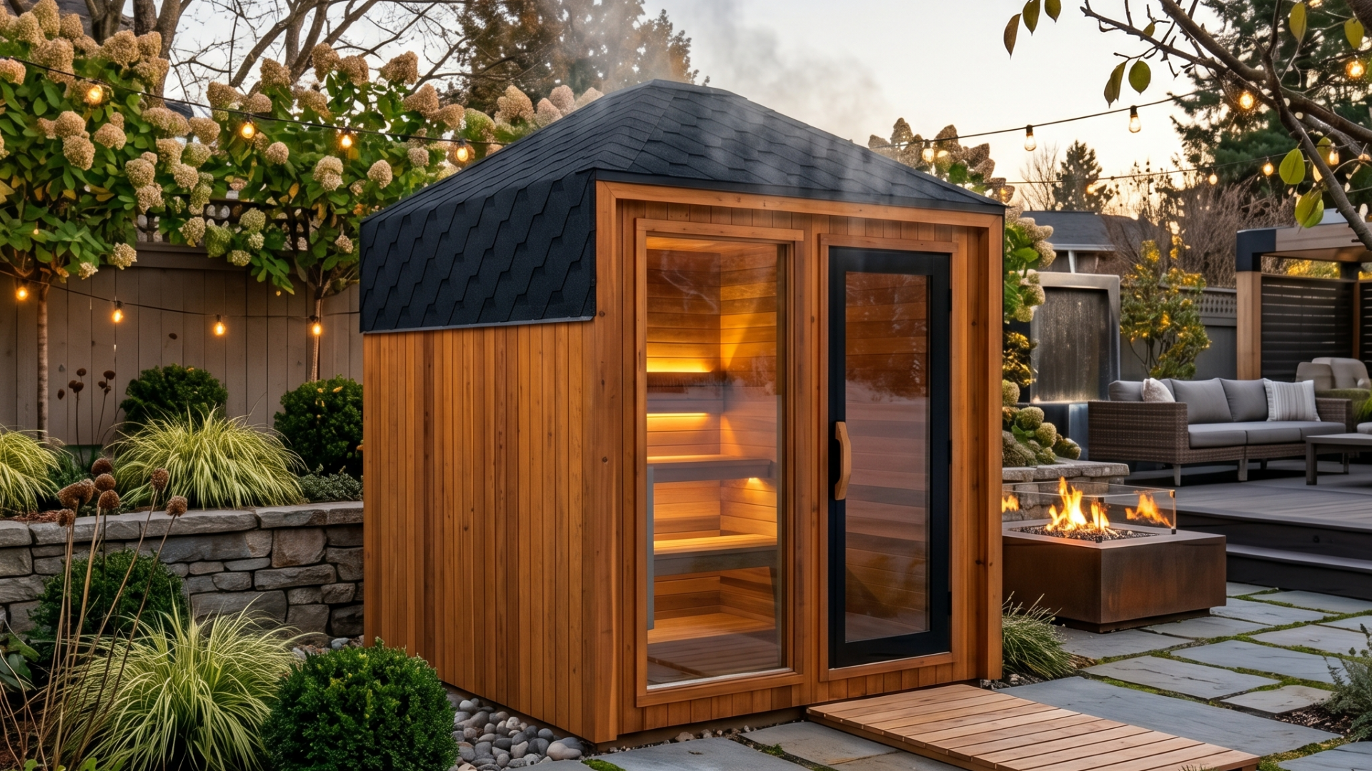 Cedar outdoor sauna in backyard