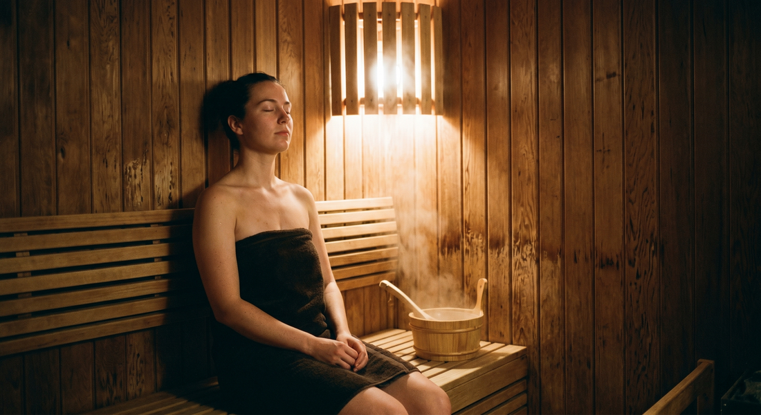 Woman relaxing in sauna
