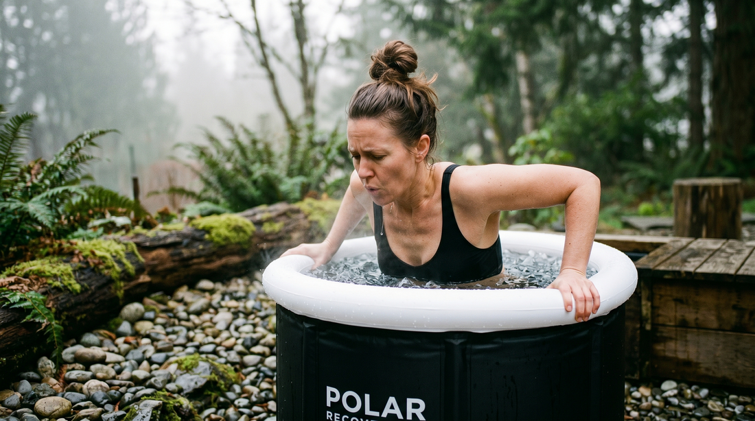 Woman in outdoor cold plunge