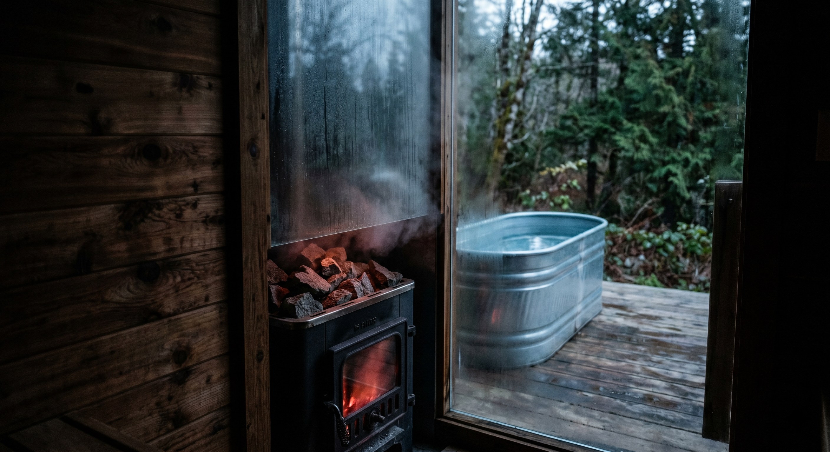 Wood-burning sauna stove with cold plunge