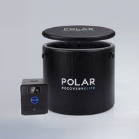 Polar Recovery Elite black cylindrical device with its lid propped open, shown alongside a smaller black control unit on a light gray studio background.